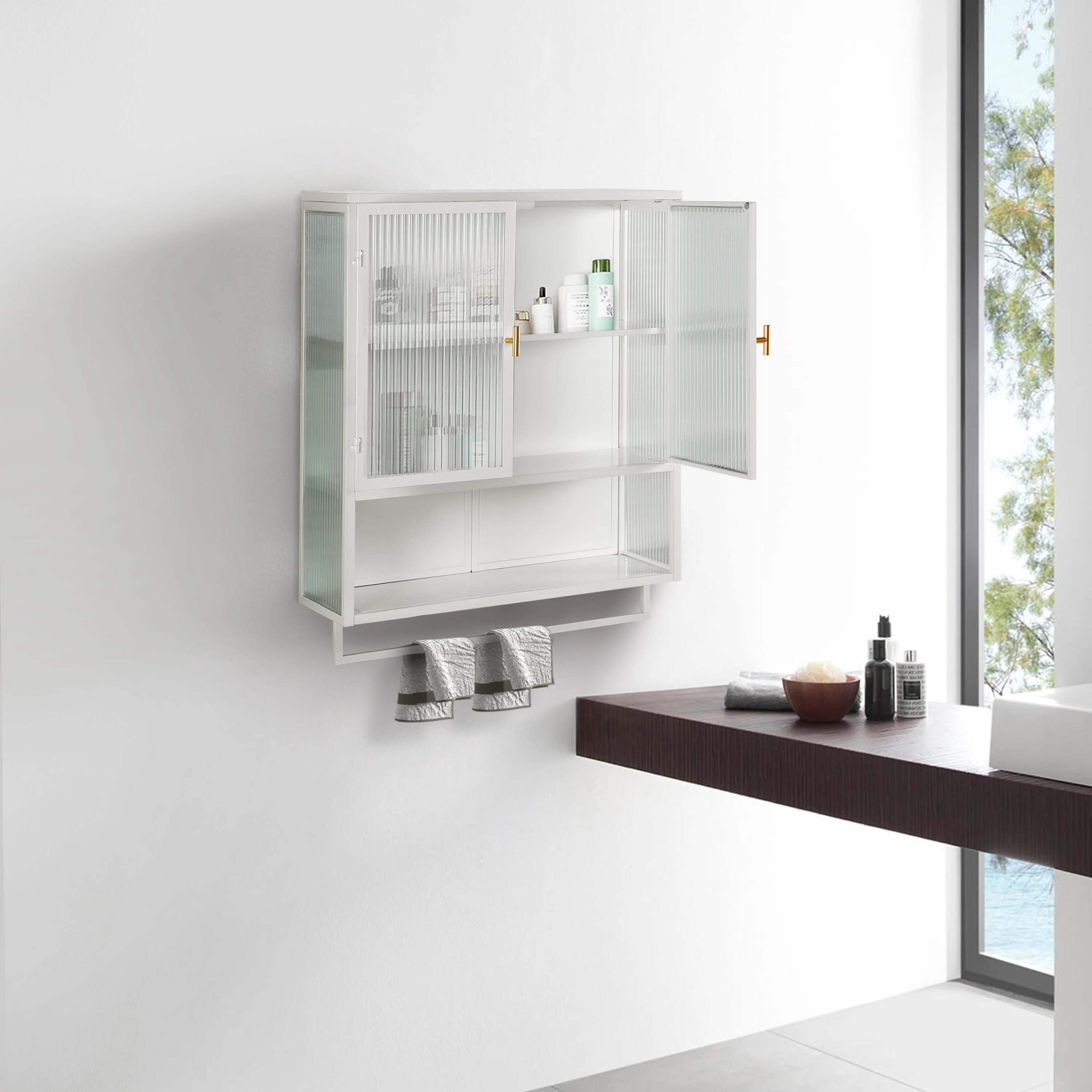 23.62"Glass Doors Modern Two-door Wall Cabinet with Featuring Two-tier Enclosed Storage an Open Shelf and Towel Rack - Image 3