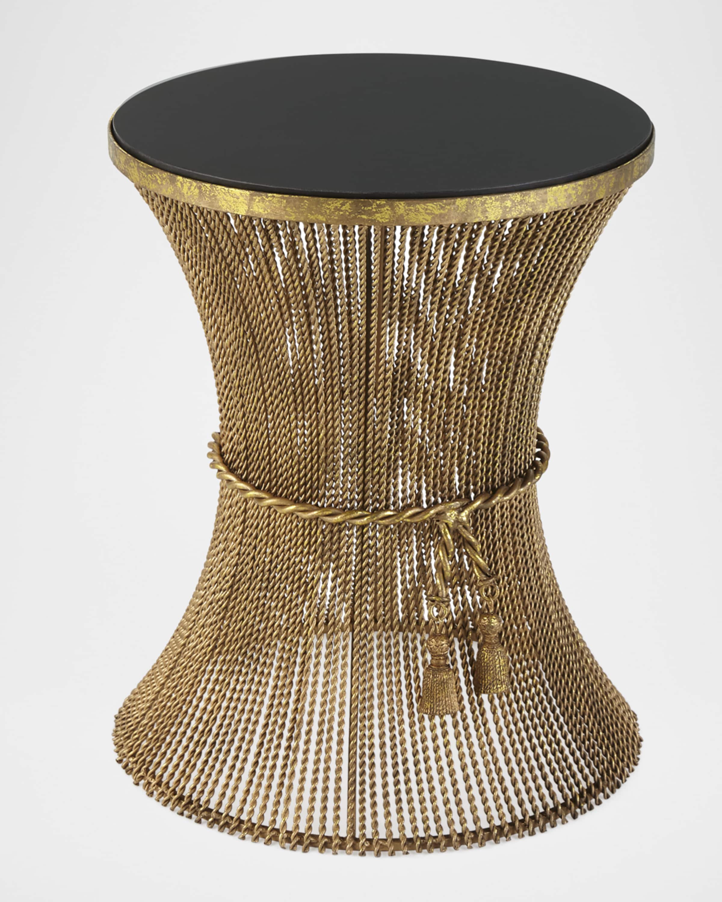 Italian Gold Twisted Iron Side Table with Tassel Rope Accent and Inset Black Granite Top - Image 3