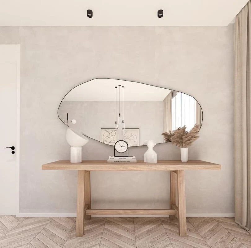 Asymmetrical Wooden Framed Wall Mirror - Modern Dressing Mirror for - Image 4