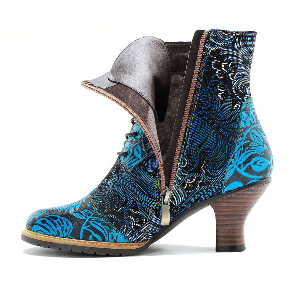 Blue Embossed Leather And Warm Brocade Comfy Ankle Boots - Image 10