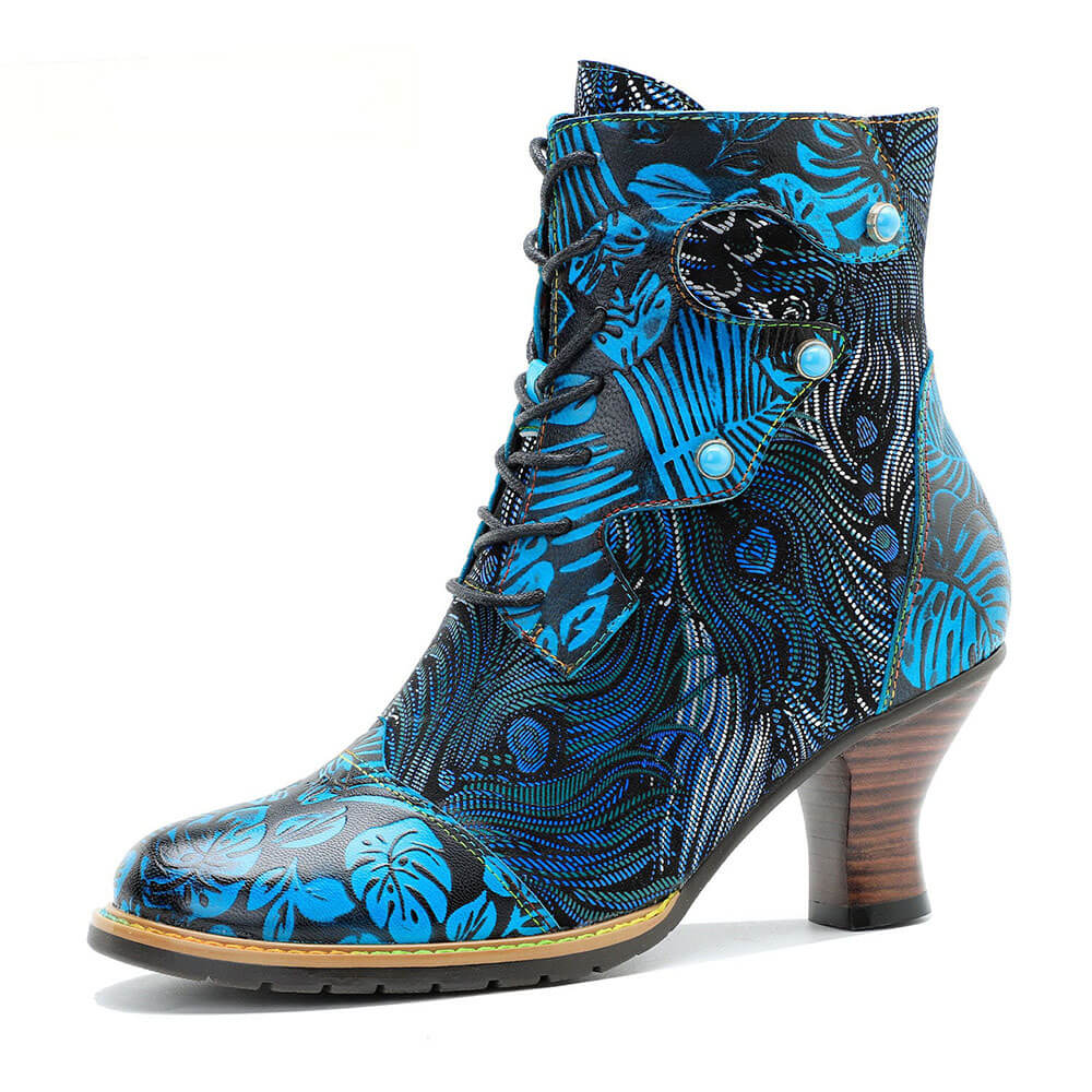 Blue Embossed Leather And Warm Brocade Comfy Ankle Boots - Image 11
