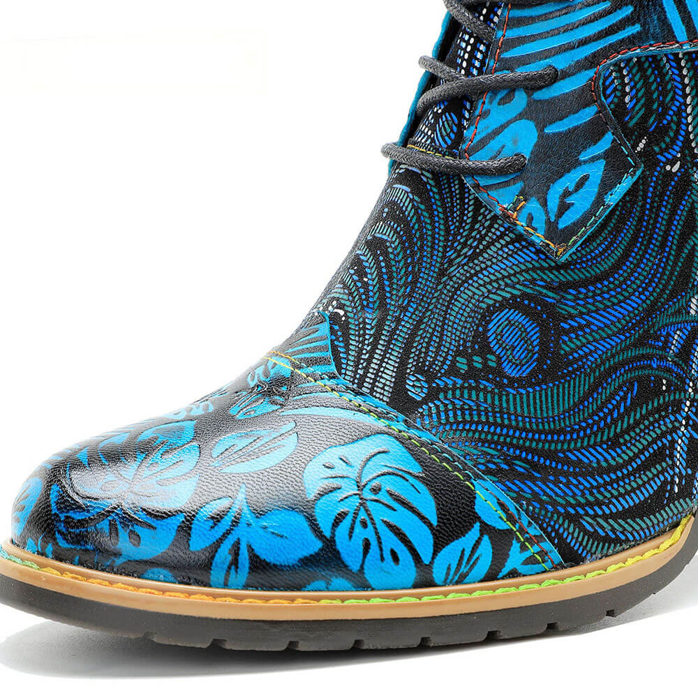 Blue Embossed Leather And Warm Brocade Comfy Ankle Boots - Image 13