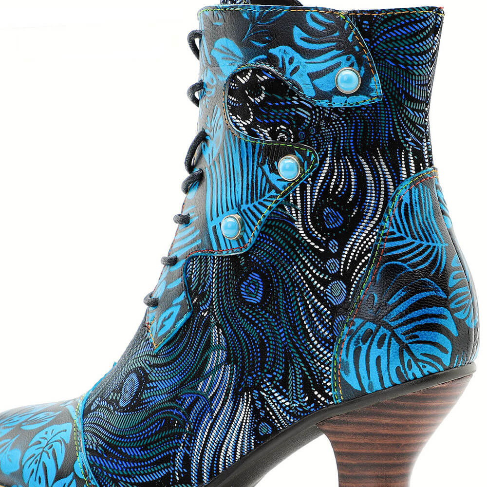 Blue Embossed Leather And Warm Brocade Comfy Ankle Boots - Image 14