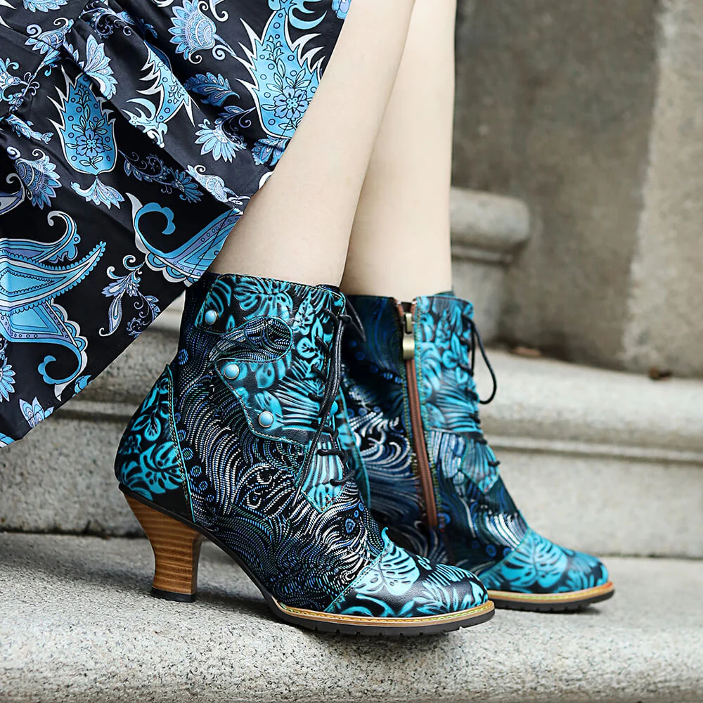 Blue Embossed Leather And Warm Brocade Comfy Ankle Boots - Image 16