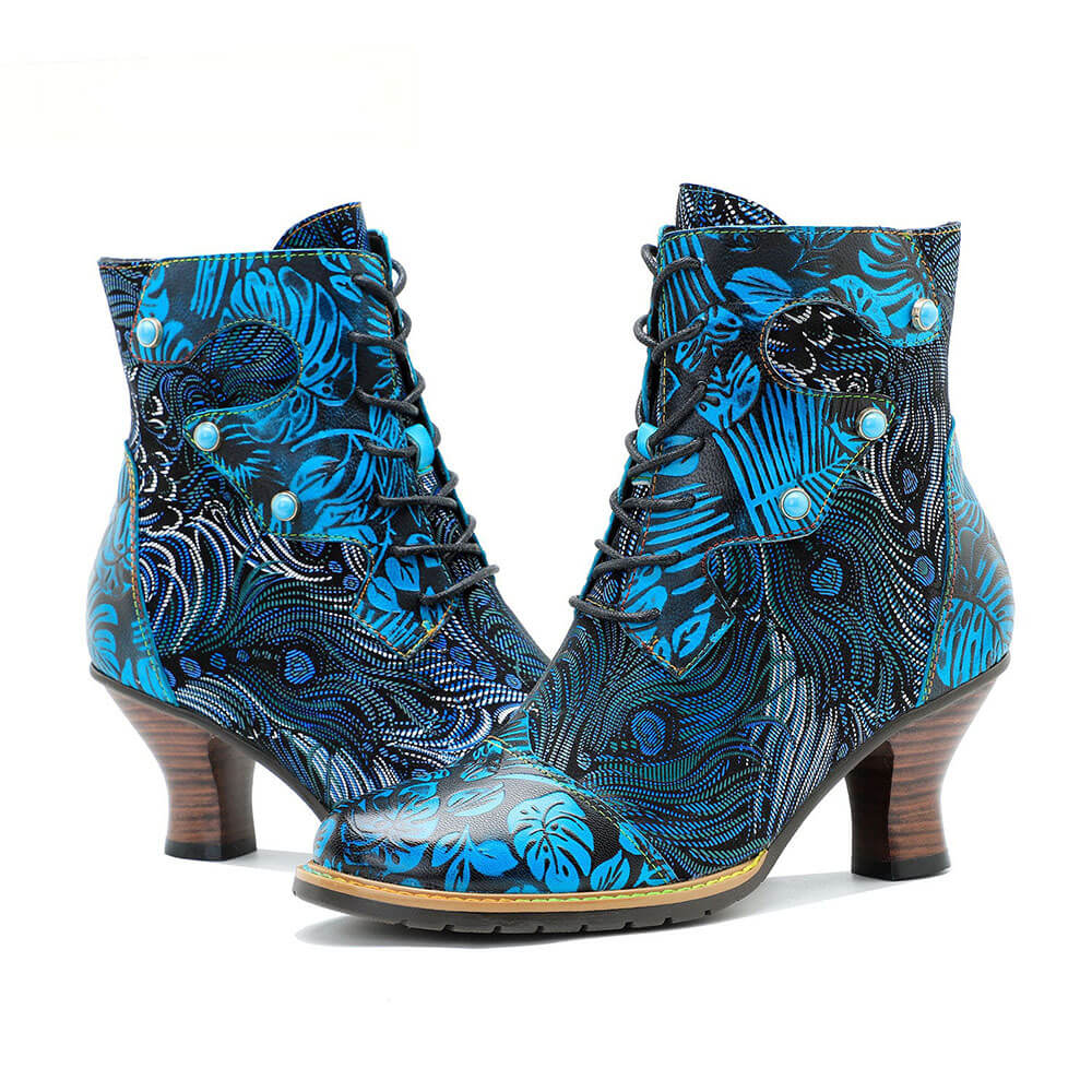 Blue Embossed Leather And Warm Brocade Comfy Ankle Boots - Image 6