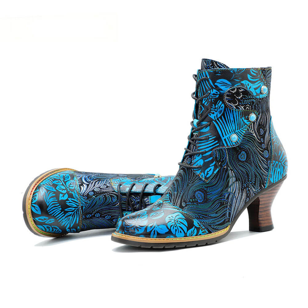 Blue Embossed Leather And Warm Brocade Comfy Ankle Boots - Image 7