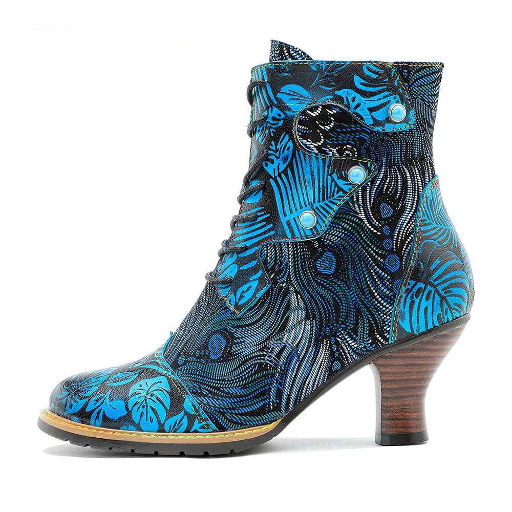 Blue Embossed Leather And Warm Brocade Comfy Ankle Boots - Image 9