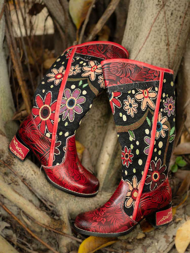 Bohemian Leather Block Heel Long Boots - Image 10