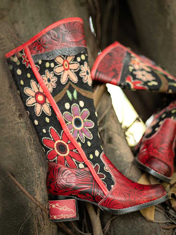 Bohemian Leather Block Heel Long Boots - Image 11