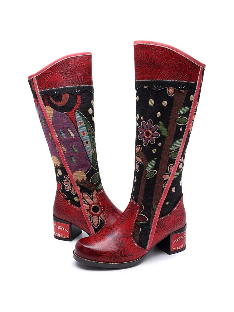 Bohemian Leather Block Heel Long Boots - Image 3