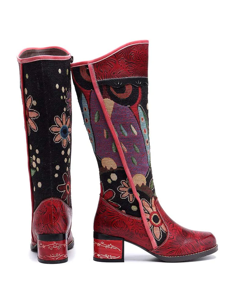 Bohemian Leather Block Heel Long Boots - Image 4
