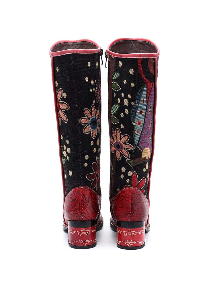 Bohemian Leather Block Heel Long Boots - Image 5