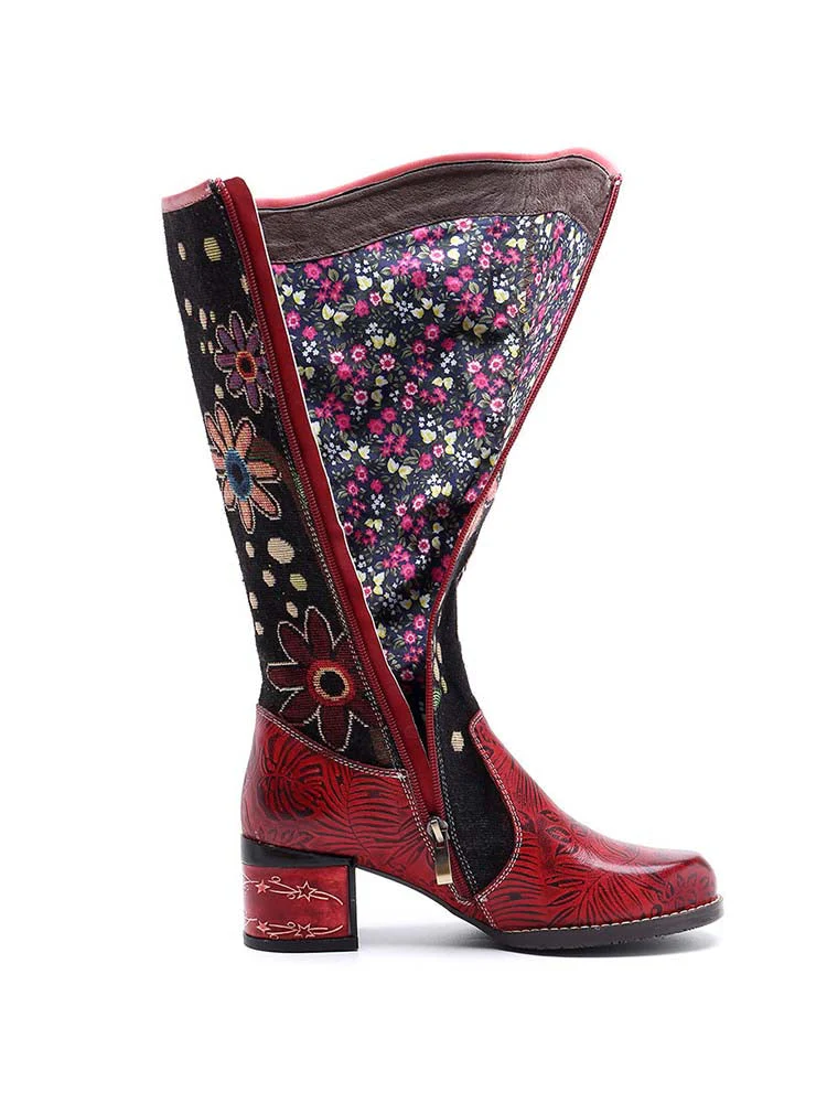 Bohemian Leather Block Heel Long Boots - Image 6