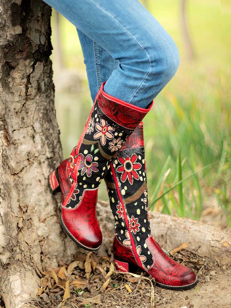 Bohemian Leather Block Heel Long Boots - Image 7