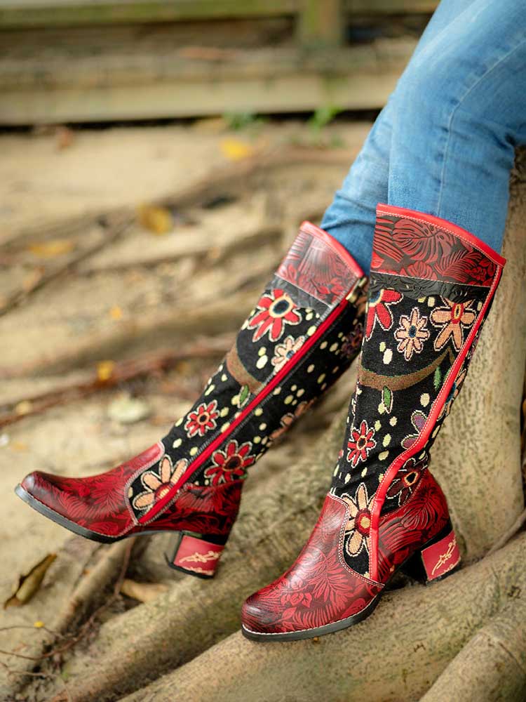 Bohemian Leather Block Heel Long Boots - Image 8