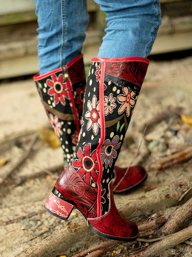 Bohemian Leather Block Heel Long Boots - Image 9