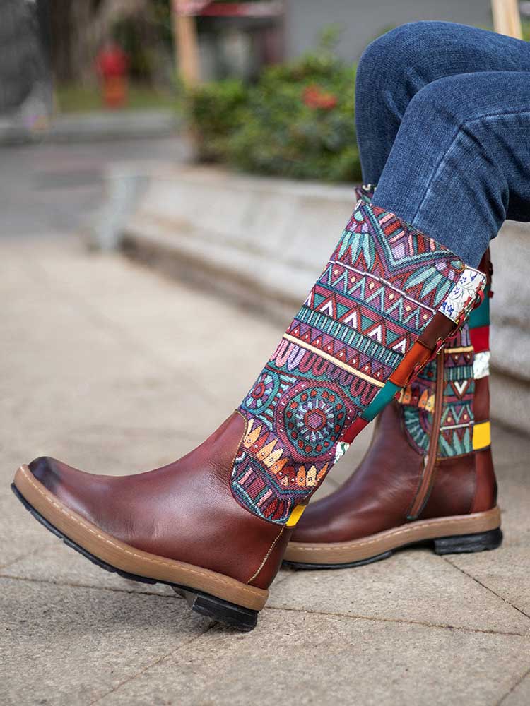 Bohemian Leather Splicing Pattern High Tube Boots - Image 10