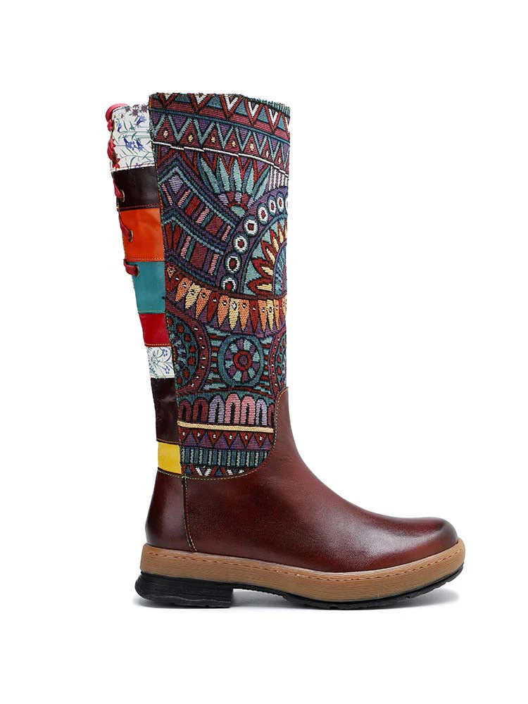 Bohemian Leather Splicing Pattern High Tube Boots - Image 3