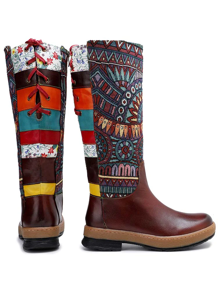 Bohemian Leather Splicing Pattern High Tube Boots - Image 4