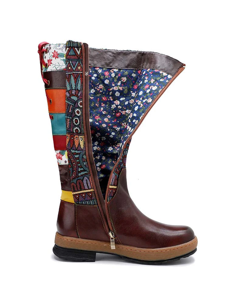 Bohemian Leather Splicing Pattern High Tube Boots - Image 5