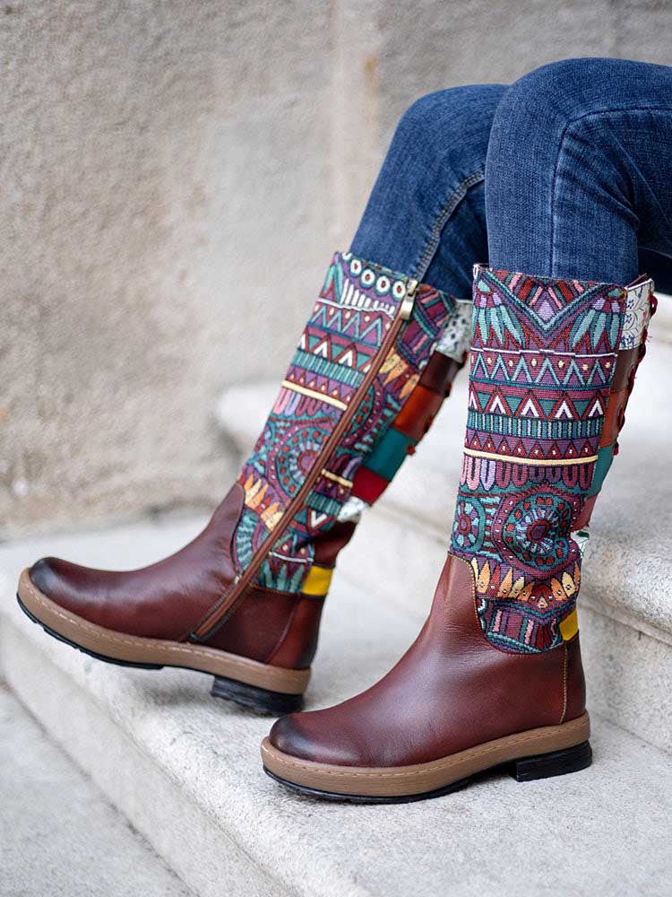 Bohemian Leather Splicing Pattern High Tube Boots - Image 6
