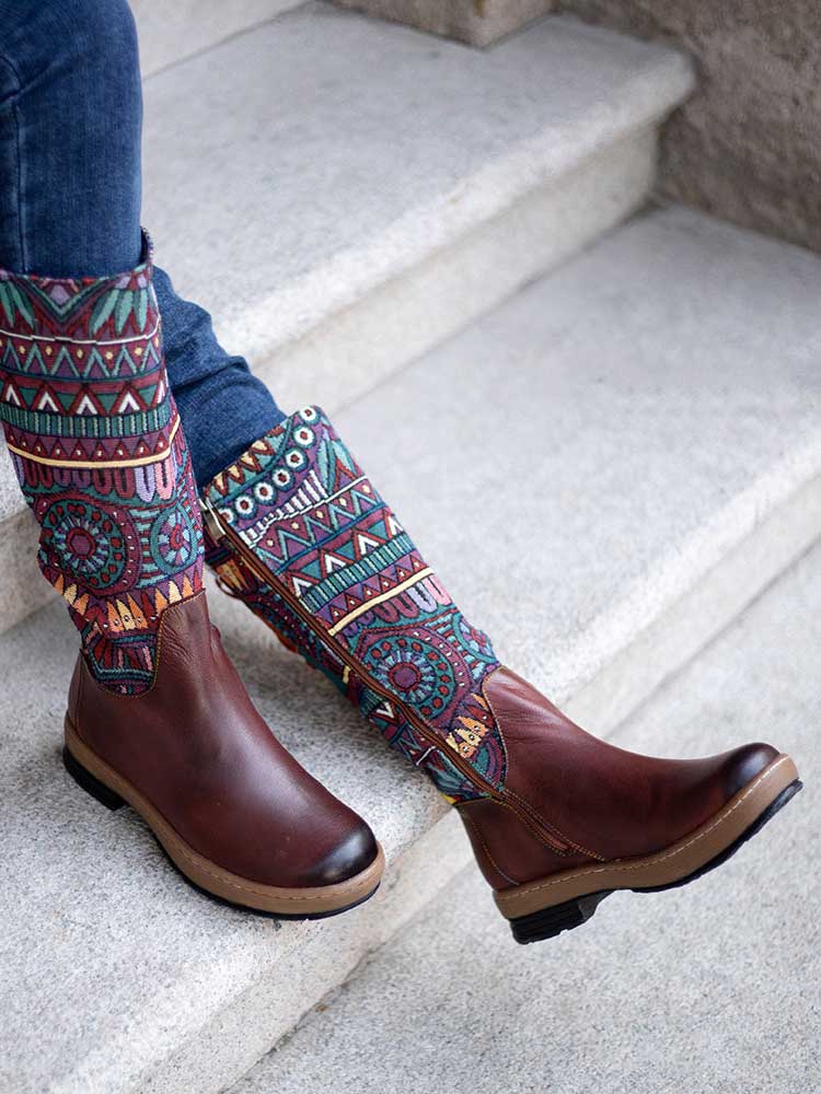 Bohemian Leather Splicing Pattern High Tube Boots - Image 7