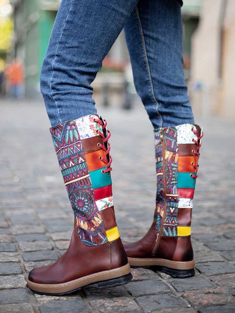Bohemian Leather Splicing Pattern High Tube Boots - Image 8
