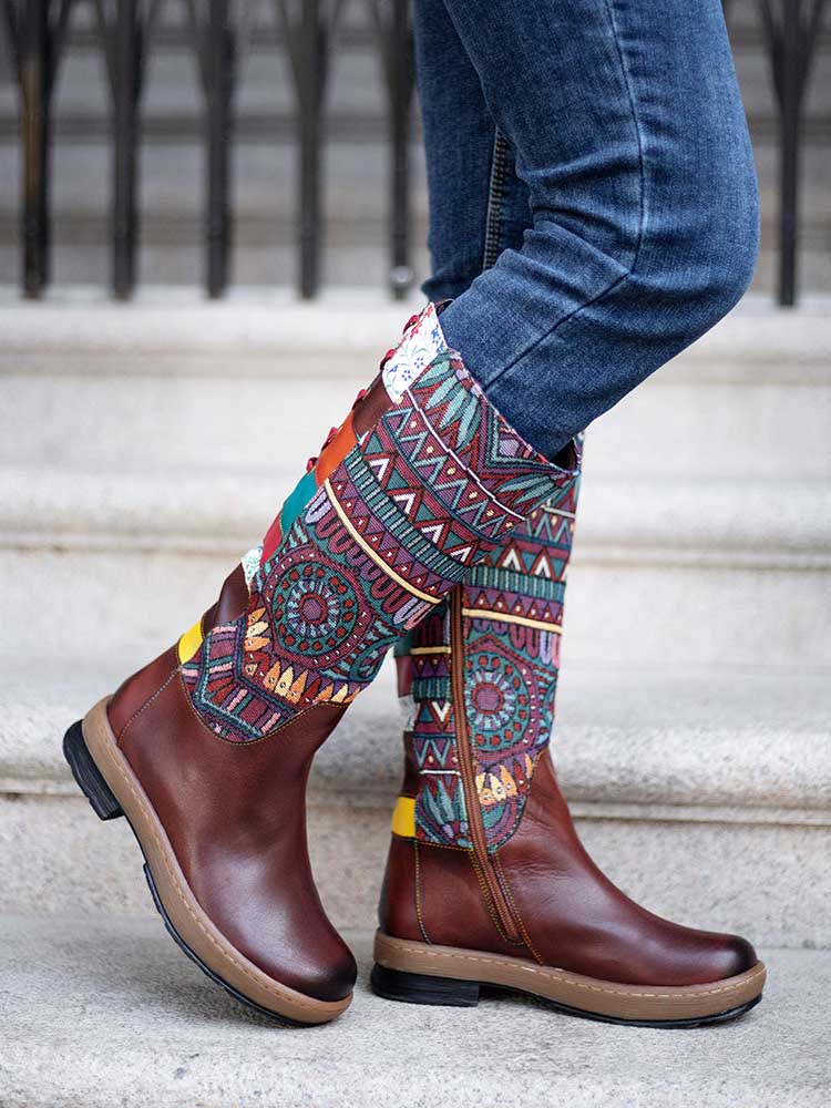 Bohemian Leather Splicing Pattern High Tube Boots - Image 9
