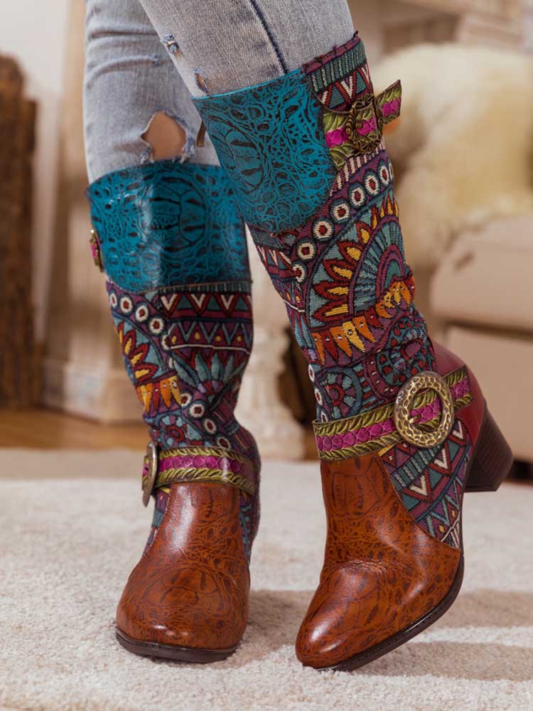 Bohemian Leather Splicing Pattern High Tube Boots - Image 10