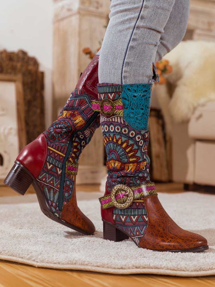 Bohemian Leather Splicing Pattern High Tube Boots - Image 12