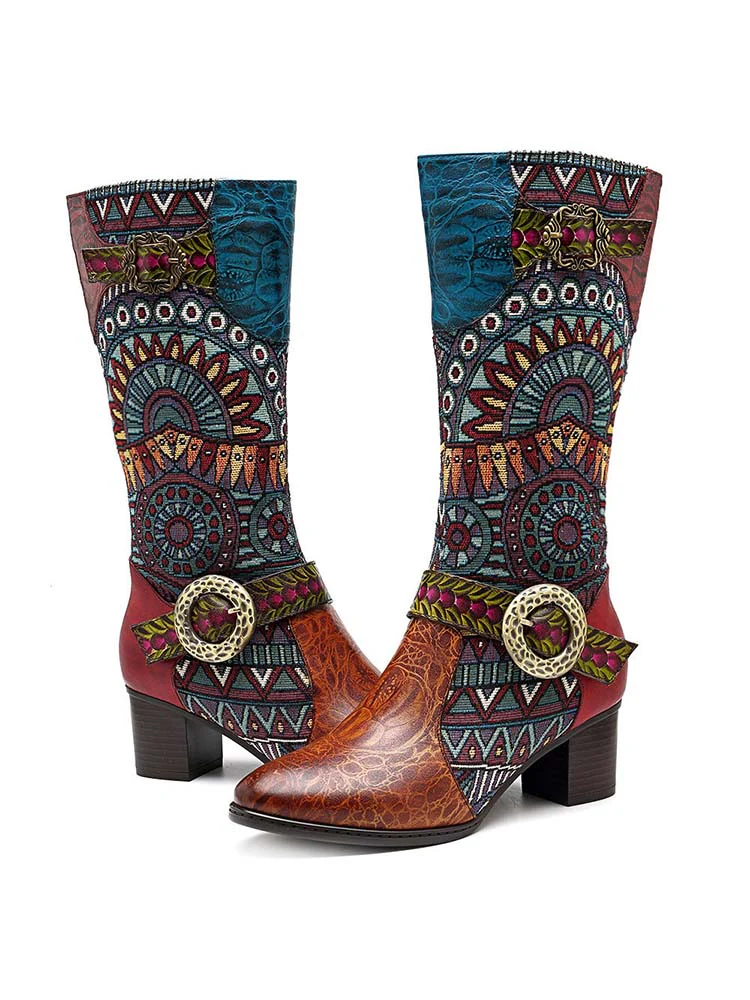 Bohemian Leather Splicing Pattern High Tube Boots - Image 3