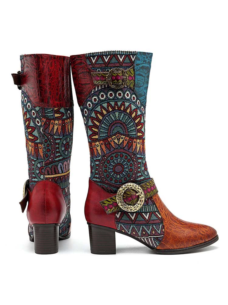 Bohemian Leather Splicing Pattern High Tube Boots - Image 4