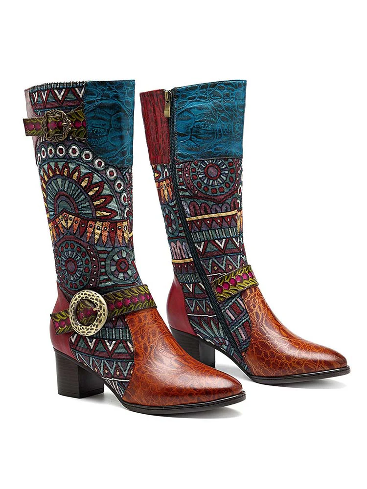 Bohemian Leather Splicing Pattern High Tube Boots - Image 5