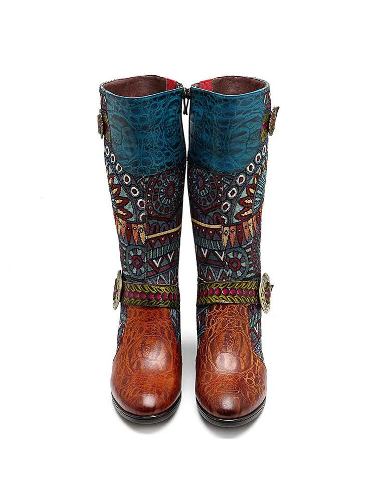 Bohemian Leather Splicing Pattern High Tube Boots - Image 6