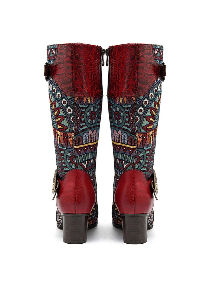 Bohemian Leather Splicing Pattern High Tube Boots - Image 7