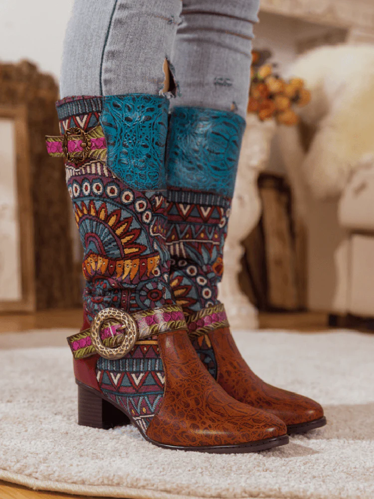 Bohemian Leather Splicing Pattern High Tube Boots - Image 8