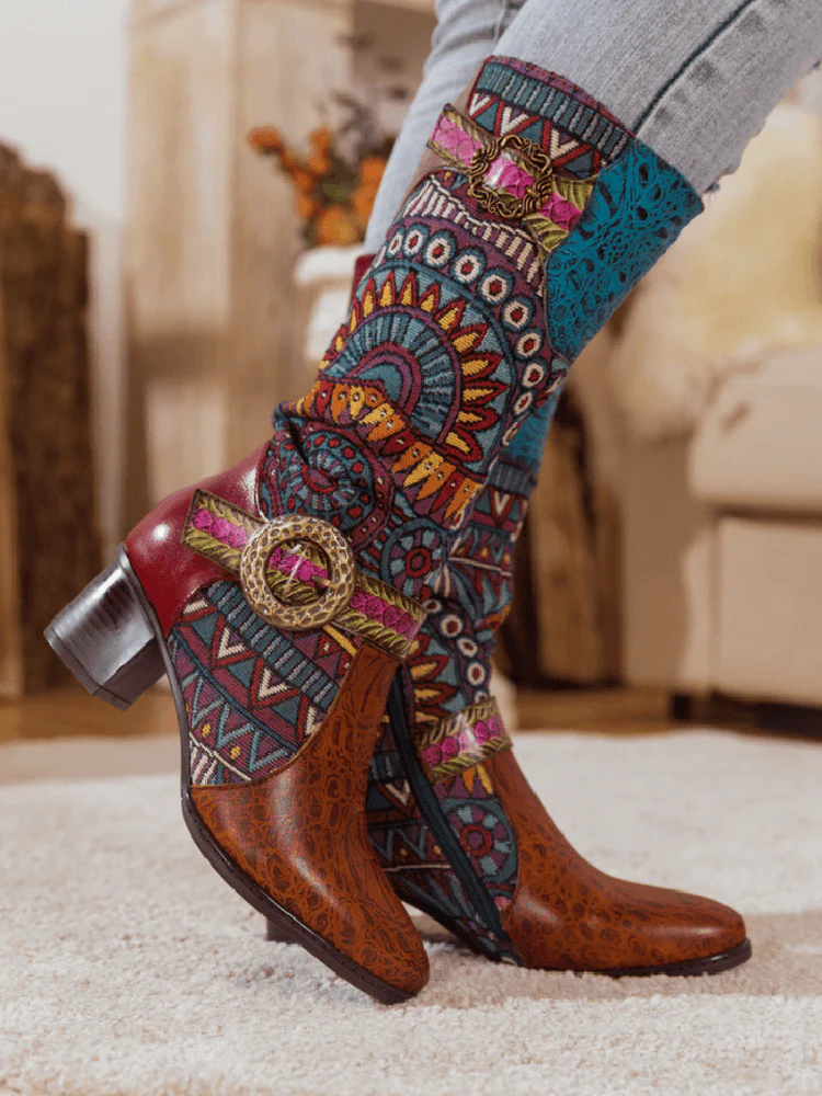 Bohemian Leather Splicing Pattern High Tube Boots - Image 9