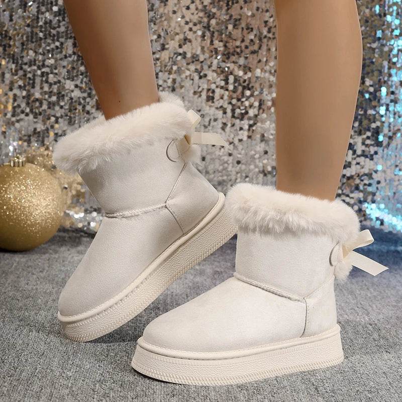 Bow Detail Round-Toe Flat Snow Boots – Soft Velvet Warm Winter Shoes for Women - Image 3