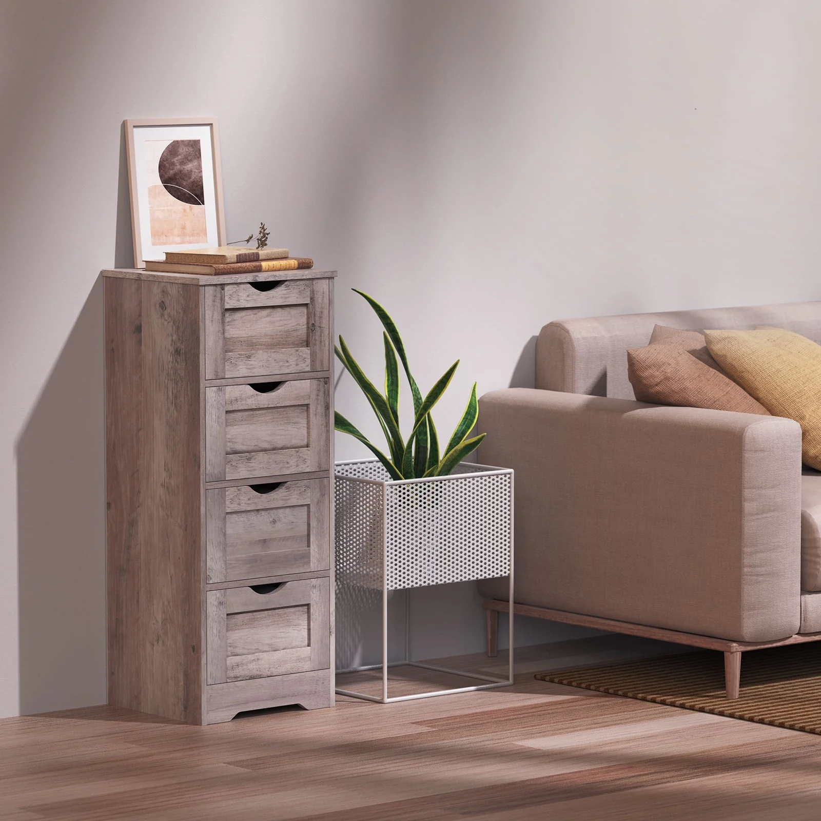 Floor Cabinet Wooden Storage Cabinet Home Office Living Room Bathroom Side Table Sturdy Modern 4 Drawers Grey - Image 13