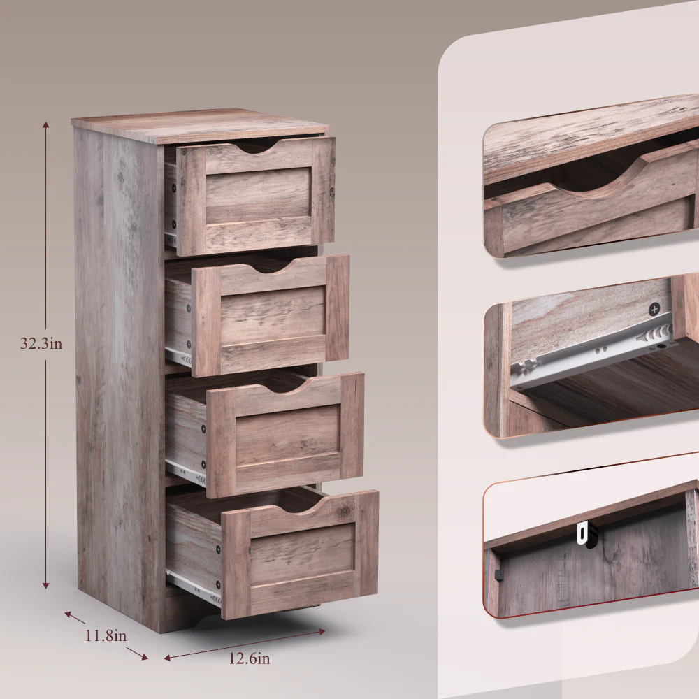 Floor Cabinet Wooden Storage Cabinet Home Office Living Room Bathroom Side Table Sturdy Modern 4 Drawers Grey - Image 3