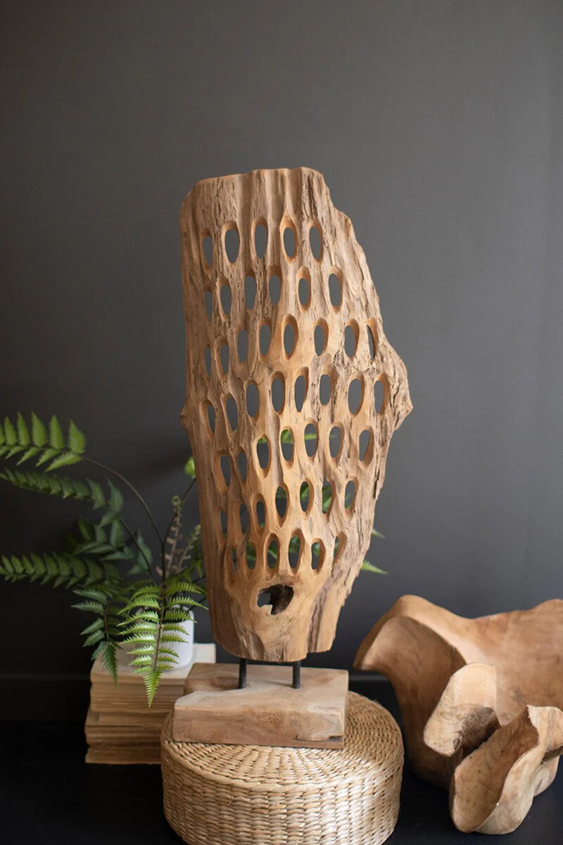 HAND-CARVED TEAK WOOD SCUPLTURE ON A BASE - PERFORATED - Image 3
