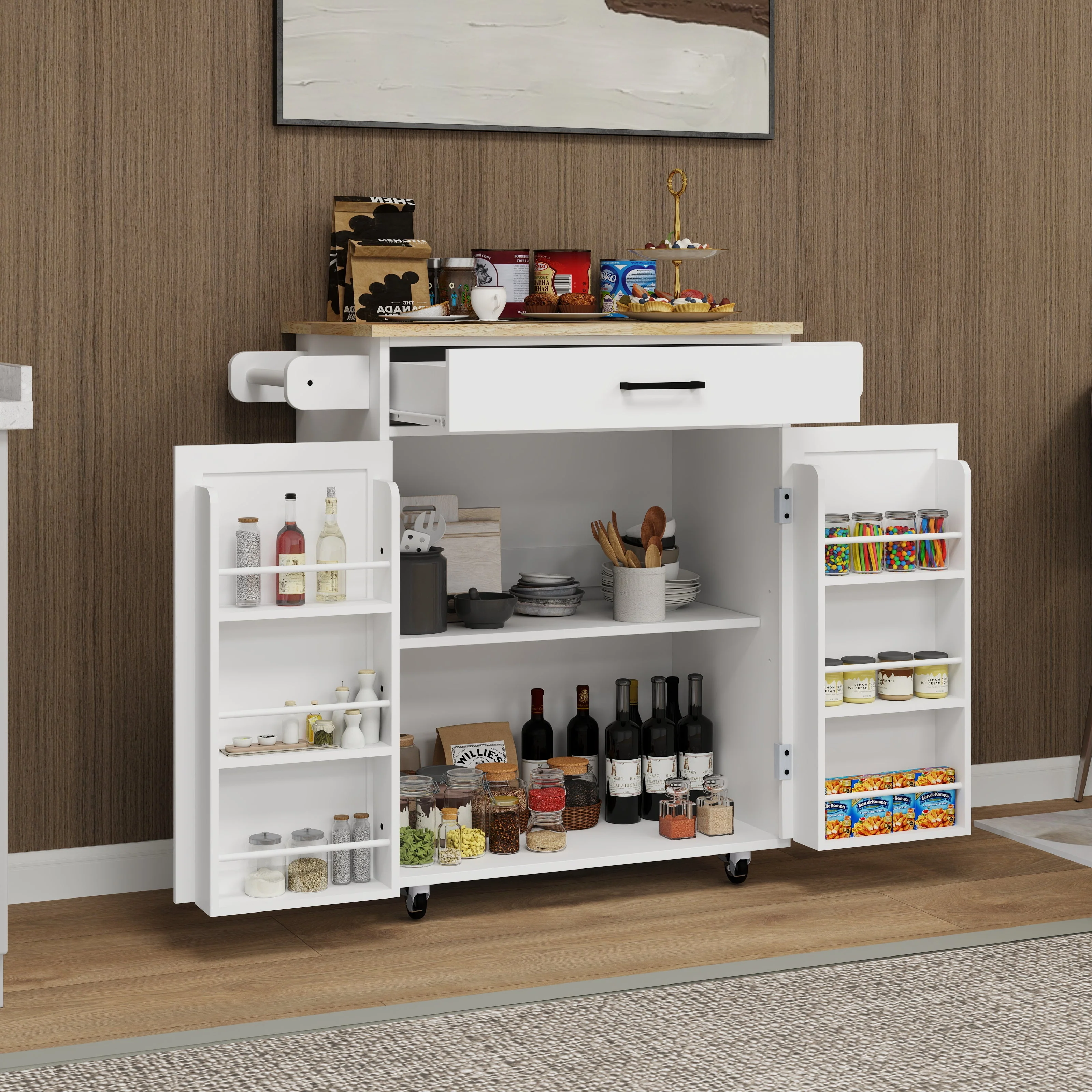 Kitchen island rolling trolley cart with 1 drawer & 2 doors with storage racks & Adjustable Shelves & towel rack - Image 10