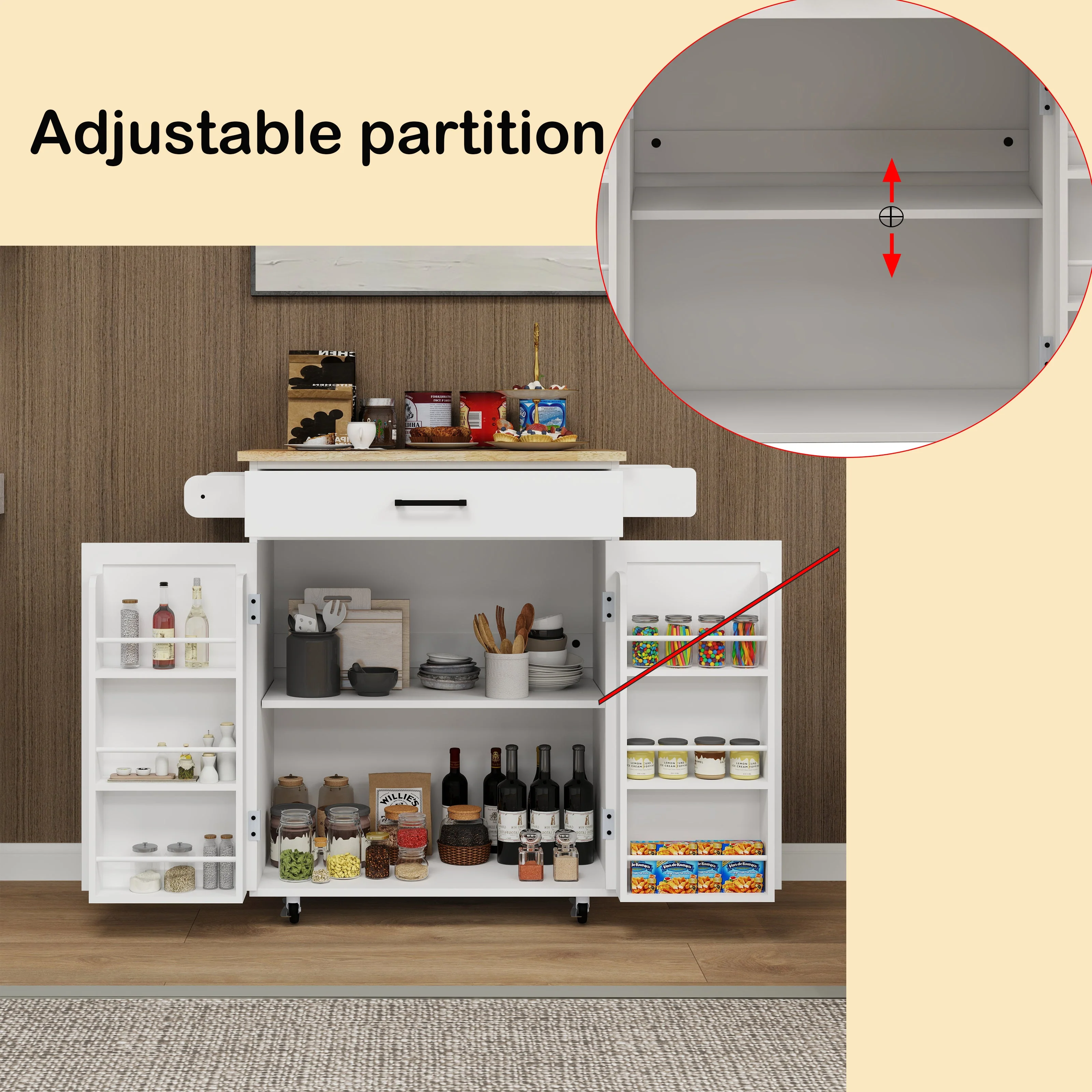 Kitchen island rolling trolley cart with 1 drawer & 2 doors with storage racks & Adjustable Shelves & towel rack - Image 11