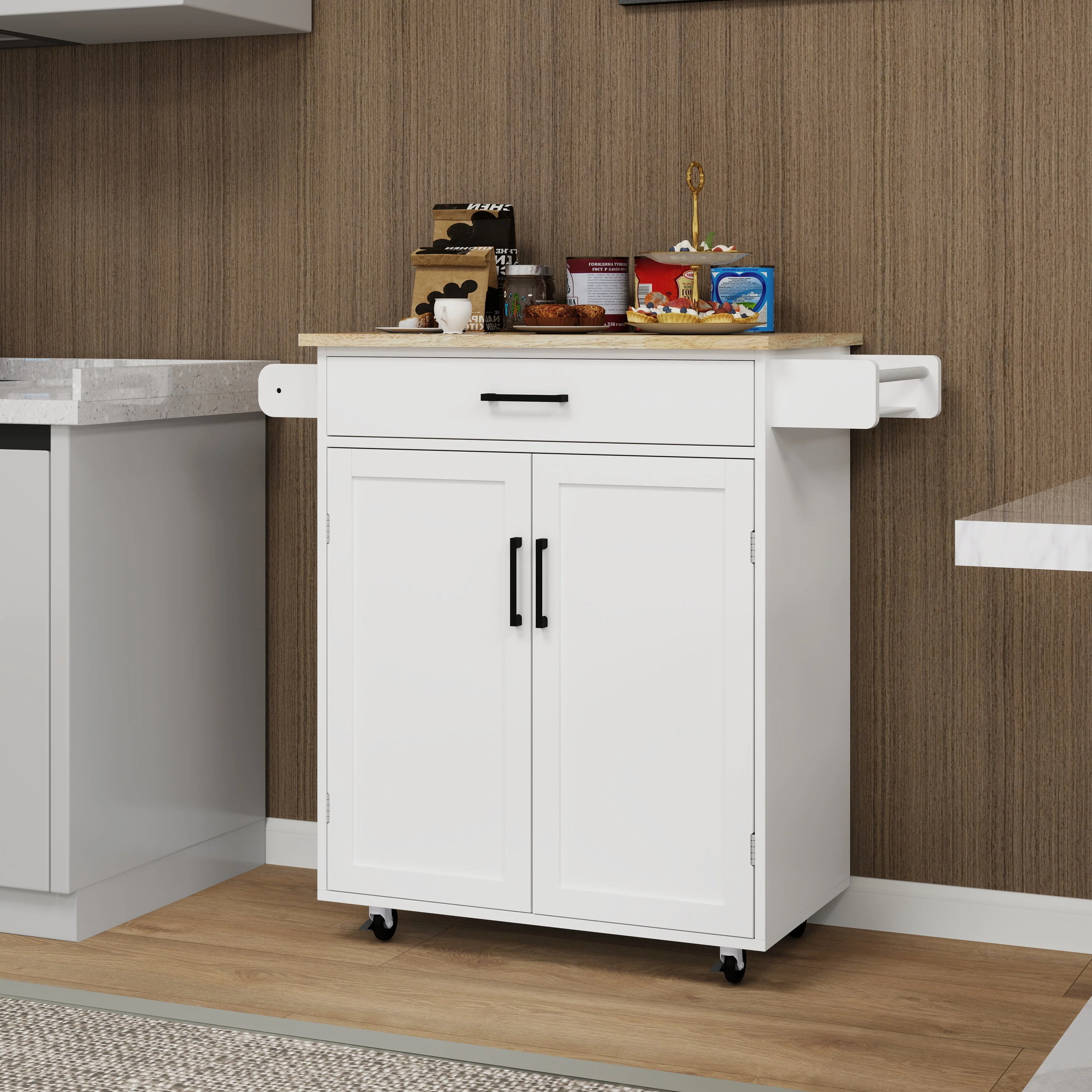 Kitchen island rolling trolley cart with 1 drawer & 2 doors with storage racks & Adjustable Shelves & towel rack - Image 13