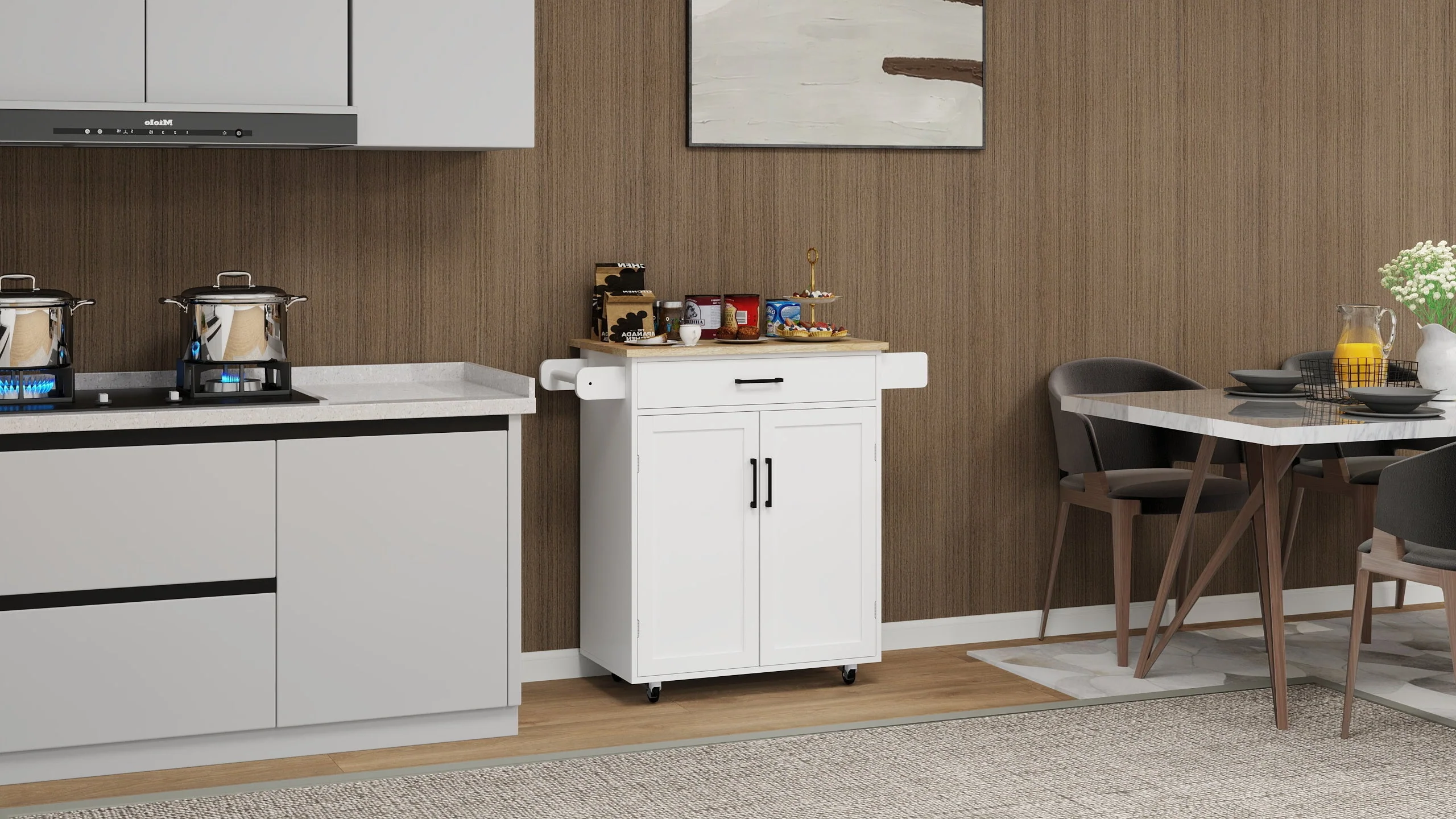 Kitchen island rolling trolley cart with 1 drawer & 2 doors with storage racks & Adjustable Shelves & towel rack - Image 14