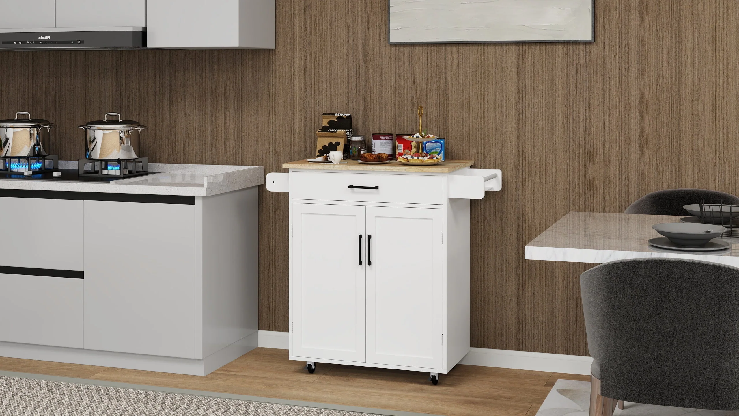 Kitchen island rolling trolley cart with 1 drawer & 2 doors with storage racks & Adjustable Shelves & towel rack - Image 16