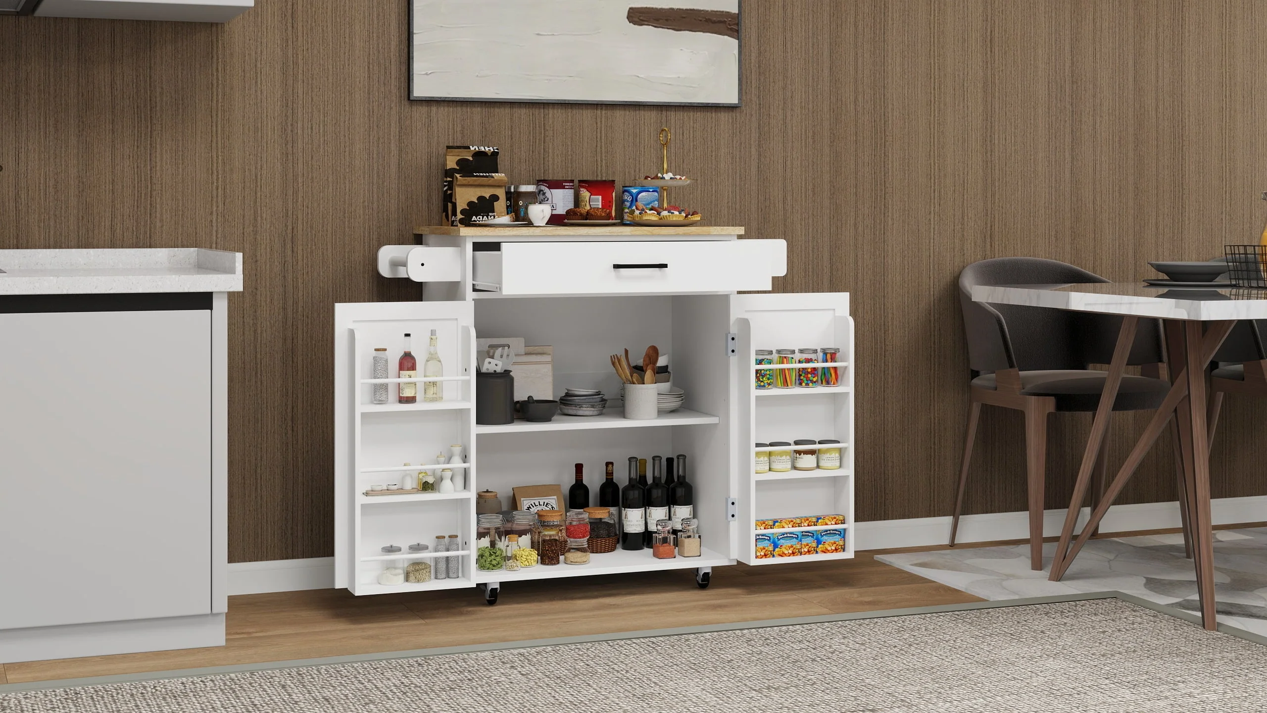 Kitchen island rolling trolley cart with 1 drawer & 2 doors with storage racks & Adjustable Shelves & towel rack - Image 5