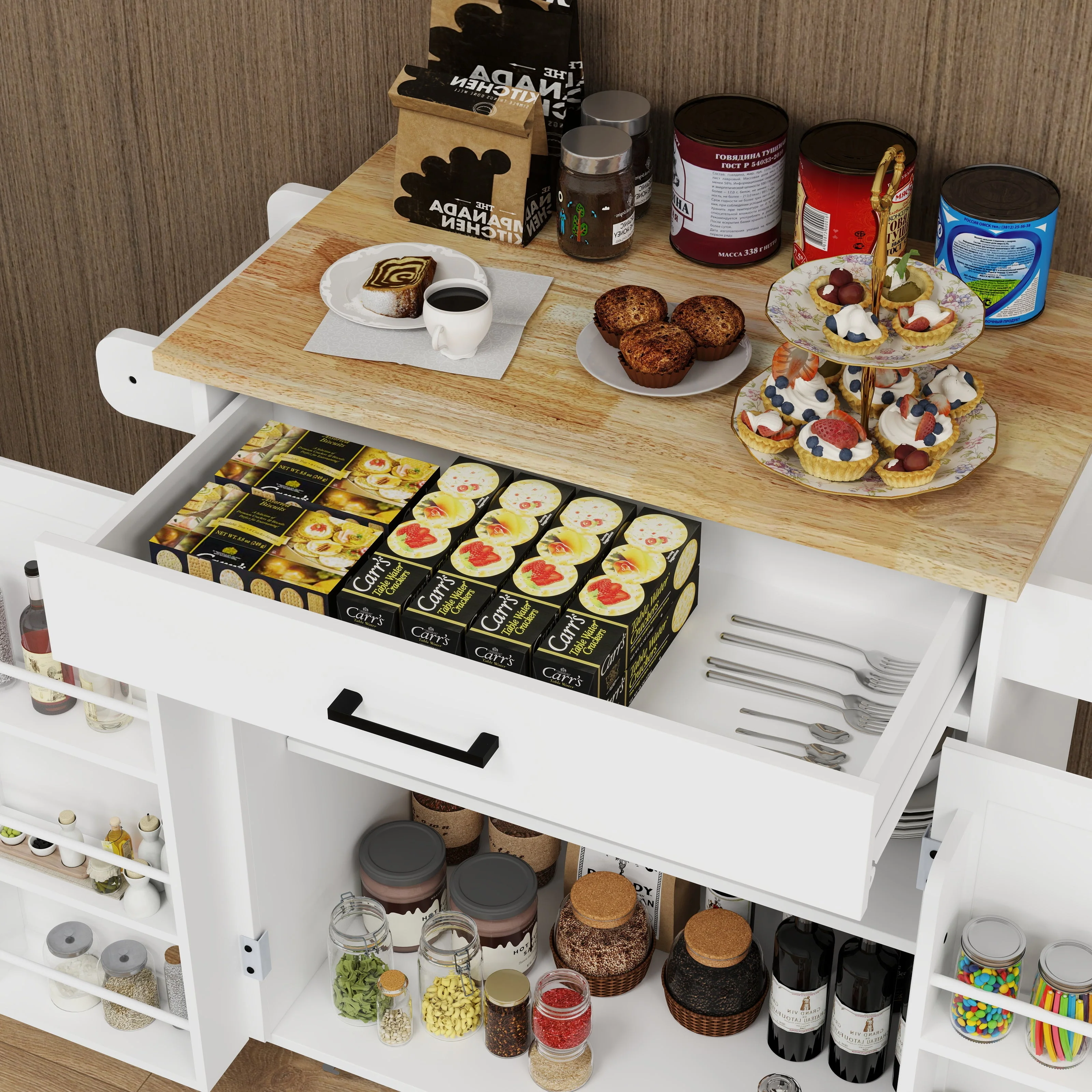 Kitchen island rolling trolley cart with 1 drawer & 2 doors with storage racks & Adjustable Shelves & towel rack - Image 6