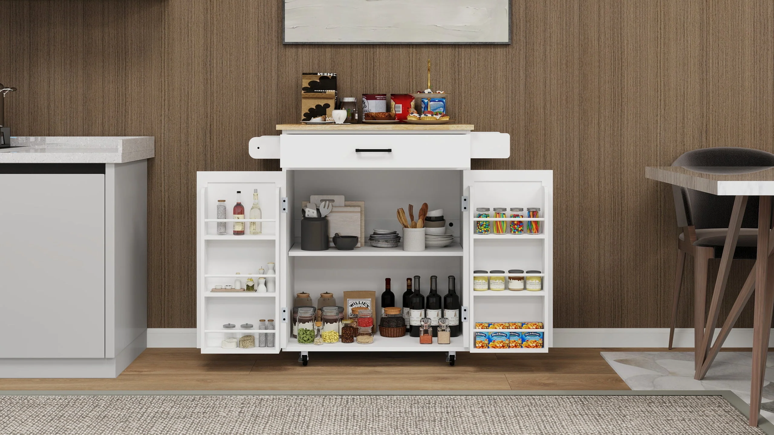 Kitchen island rolling trolley cart with 1 drawer & 2 doors with storage racks & Adjustable Shelves & towel rack - Image 7