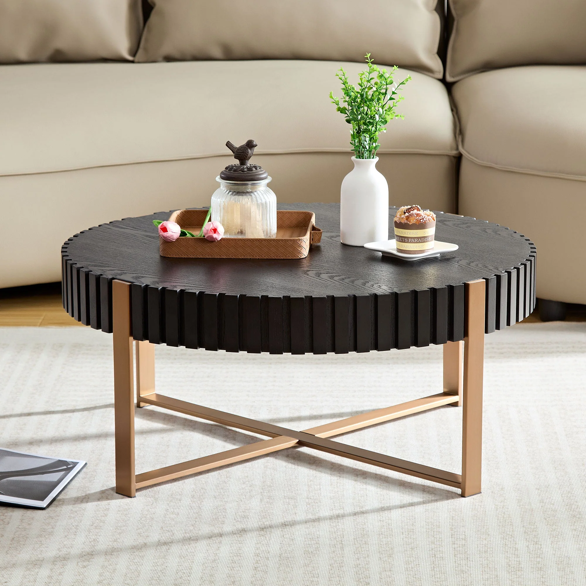 Modern Handcraft Drum Coffee Table 31.5 inch Round Coffee Table for Living Room,Small Coffee Table with Sturdy Pedestal,Black - Image 3